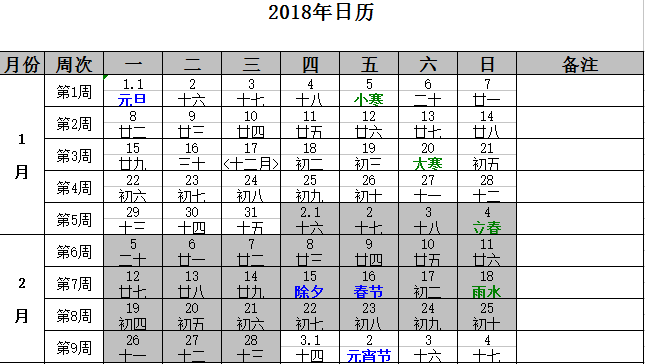 2018年日历周数表