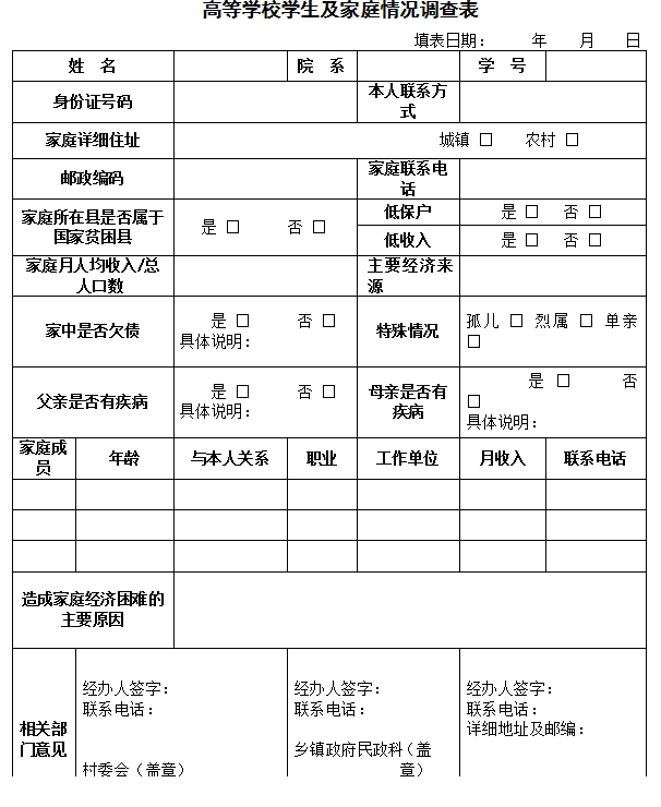 大学生三级贫困申请表